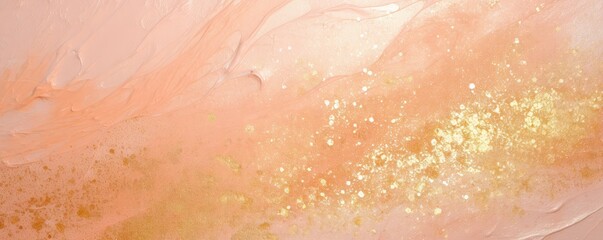 Fototapeta premium Abstract background with soft peach gradient and shining golden glittering shimer. Texture backdrop with copy space. Pink, orange and coral colors