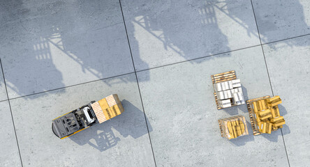 moving forklift inside an industrial warehouse. top view. © tiero