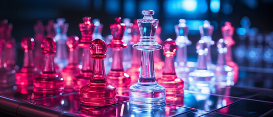 Neon Glowing Chess Pieces in Pink and Blue. A captivating image of transparent chess pieces illuminated in neon pink and blue hues, creating a striking visual on a glass chessboard.