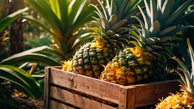 Harvest of ripe pineapples in nature