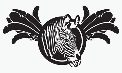 vector drawing of a zebra head in a circle drawn in black paint with bird wings. suitable for logo or symbol