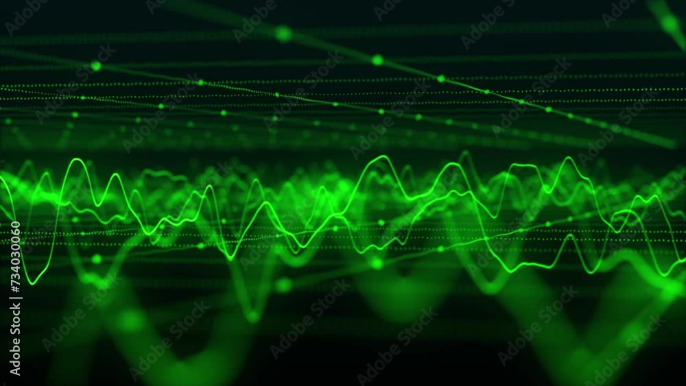 Poster wave of particles. futuristic pattern of dots and lines on a dark background. visualization of sound