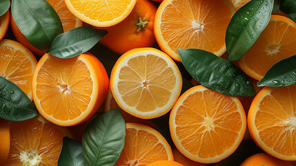 The background is dense with oranges cut in half with orange leaves. Fresh fruit background.