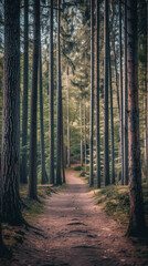Fototapeta premium Serene Forest Pathway - Enchanting Trail through Tall Pine Trees with Sunlight Filtering Through, Tranquil Nature Walk