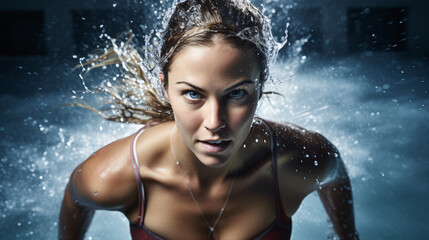 Beautiful young woman splashing water in the gym. Studio shot.