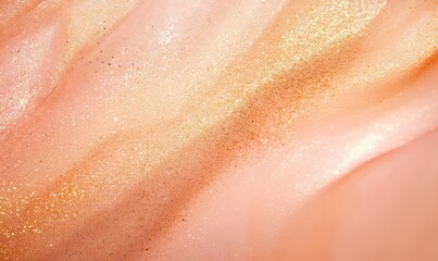Fototapeta premium Abstract background with soft peach gradient and shining golden glittering shimer. Texture backdrop with copy space. Pink, orange and coral colors