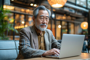 Elderly Asian man pondering while working on laptop in a coworking space. Reflective mood with copy space. Lifelong learning and productivity concept