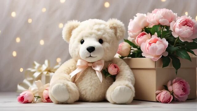 Teddy bear toy, gift box, flowers