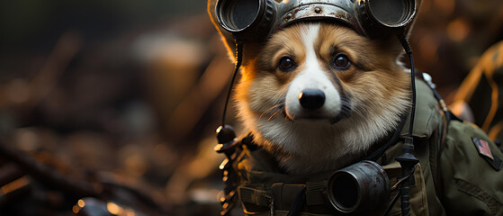 An intrepid Corgi dog equipped with goggles and a backpack, ready for an adventurous journey