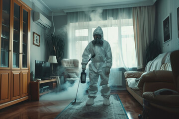 pest control worker in a protective suit sprays insect poison in a living room - obrazy, fototapety, plakaty