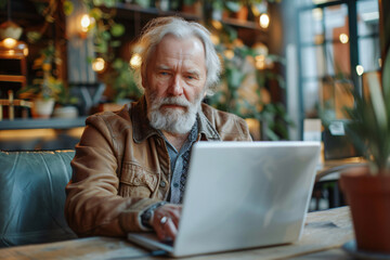 Obraz premium Elderly man with white beard focused on laptop in bright coworking area. Senior professional with copy space. Contemporary workspace and active retirement concept