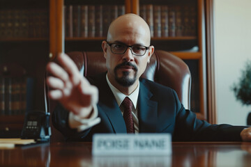 Behind desk nameplate reading his last name in bold caps, bald attorney with goatee gestures welcomingly to camera with open palm.