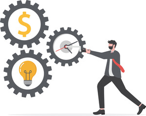 Adjustment and optimization for business improvement, change or fine tune for smooth ride, repair and maintenance service concept, businessman holding wrench to adjust gear cogwheels setting.

