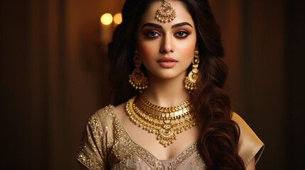 Portrait of an Indian bride wearing traditional attire.