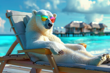 a polar bear wearing glasses relaxing on beach