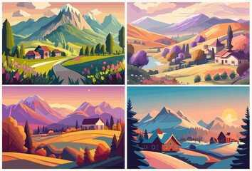 Set of four seasons backgrounds, banners. Winter, spring, summer, autumn nature landscapes. Colorful backdrops, covers with trees, mountains, village houses. Vector art illustrations.