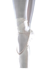 detail of female ballet dancer's feet in ballet position with pointe shoe with transparent...