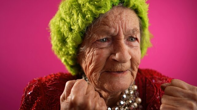 Angry unhappy displeased fisheye view caricature of funny elderly woman saying NO with green hat isolated on pink background.