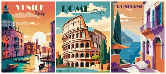  Set of Italy Travel Destination Posters in retro style. Venice, Rome, Positano digital prints. European summer vacation, holidays concept. Vintage vector colorful illustrations. © Creative_Juice_Art