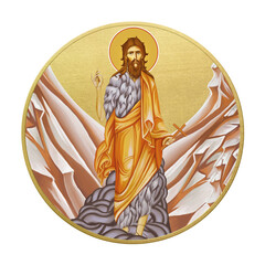 Orthodox traditional image of John the Baptist. Golden christian medallion in Byzantine style on white background