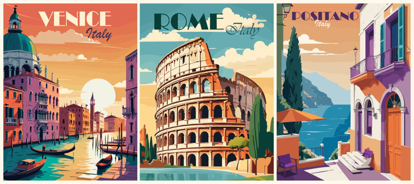 Set of Italy Travel Destination Posters in retro style. Venice, Rome, Positano digital prints. European summer vacation, holidays concept. Vintage vector colorful illustrations.