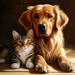 golden retriever dog with cat