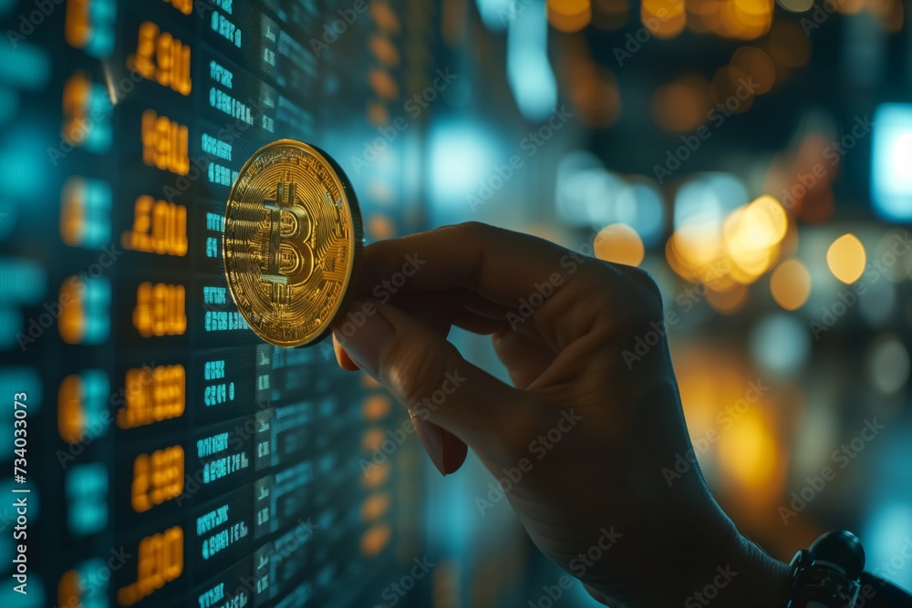 Poster bitcoin held up against blue digital screen, financial data and trading concept highlighted. cryptoc