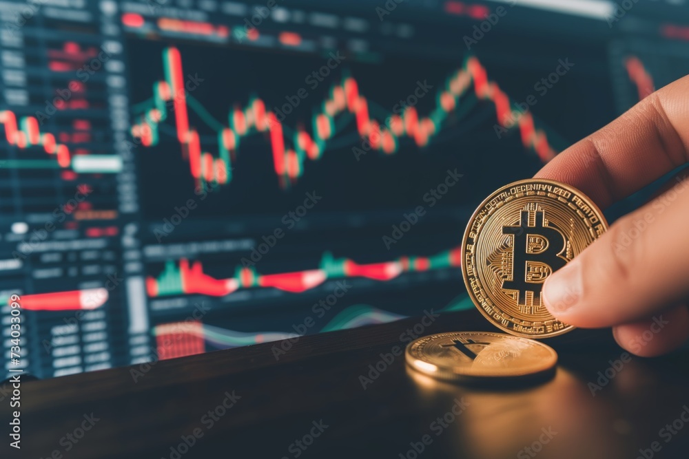 Poster hand displays bitcoin against trading screen, highlighting investment and market data. bitcoin in fo