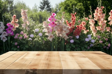 Empty wooden table over blooming gladioli garden background. Summer mock up. - obrazy, fototapety, plakaty