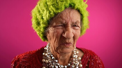Unhappy displeased fisheye view caricature of funny elderly woman with green wig or hat isolated on...