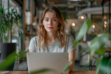 Young blonde woman concentrating on laptop at a modern coworking station. Freelancer in casual wear with copy space. Independent business and flexible work environment concept