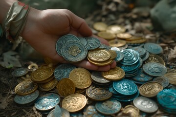 Hand overflowing with colorful crypto coins, symbolizing abundance in the cryptocurrency market. Abundant collection of various digital coins in a hand, depicting wealth in the crypto realm.