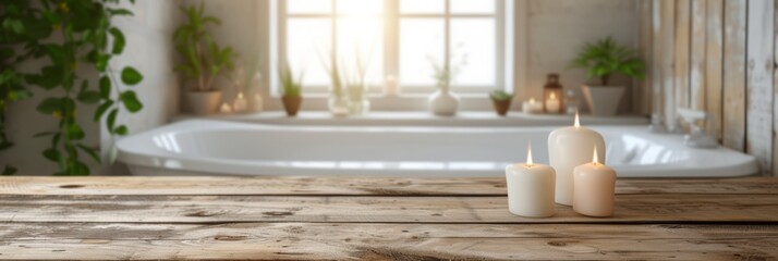 Empty wooden table over blurred cozy Scandinavian-inspired bathroom background.