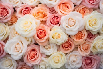 An enchanting arrangement of pastel-colored roses from a top perspective, providing an elegant canvas for text.