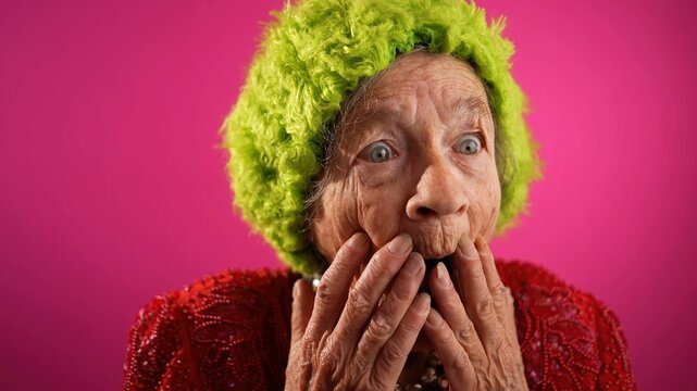 Excited happy fisheye view of funny elderly woman with green wig or hat and no teeth isolated on pink background.