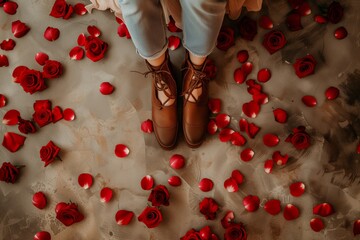 Obraz na płótnie Canvas Two people in brown boots standing among countless red rose petals, symbolizing deep affection. sea of red petals around brown leather boots, suggesting a romantic gesture or event.