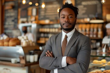 African American male barista, coffee shop owner small business. Cheerful businessman in bakery, arms crossed. Smiling mature man in dapper attire inside bakery exudes warmth and sophistication