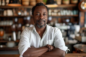 African American male barista, coffee shop owner small business. Cheerful businessman in bakery, arms crossed. Smiling mature man in dapper attire inside bakery exudes warmth and sophistication