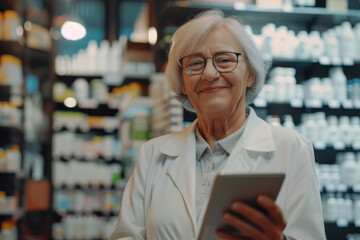 Smiling senior female pharmacist using digital tablet in a modern pharmacy