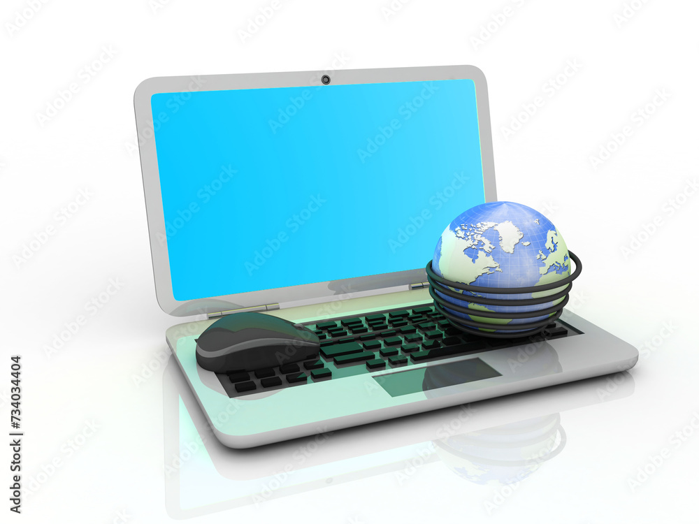 Poster 3d rendering globe with mouse in laptop