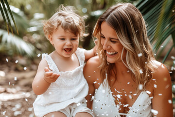 Young Mother and Toddler Enjoying Confetti. A smiling young mother with her toddler is having fun with white confetti in a tropical setting.


