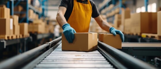 Fototapeta premium Warehouse worker is packing boxes on a conveyor belt for shipment