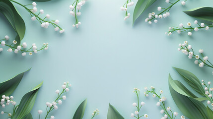 Blue background with lily of the valley frame - obrazy, fototapety, plakaty