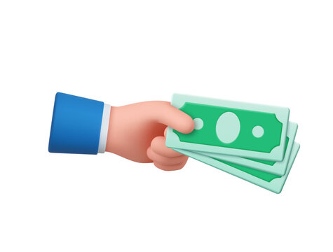3d Cartoon hand of businessman holds banknotes.