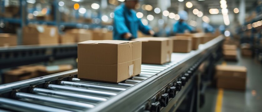 Warehouse worker is packing boxes on a conveyor belt for shipment