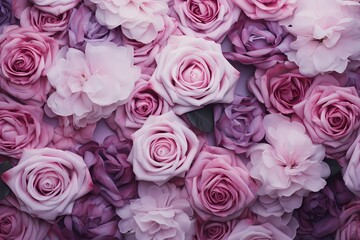 An HD capture of a top view featuring a cluster of roses in shades of lavender, set against a pastel purple background, with ample space for creative text.