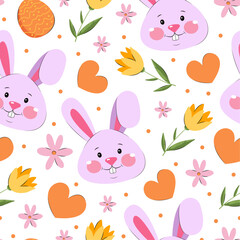 Easter seamless pattern with cartoon bunny, flowers and heart. Easter design for covers, textile, banners.