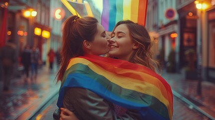 Two lesbian women kiss each other in the celebration of LGBT gay pride month, in the streets of the city