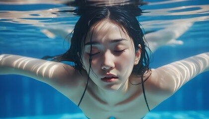 Close-up of an Asian female around 25 years old with dark hair submerged in water, eyes closed, and...