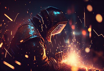 illustration of welder is welding metal , industry them bokeh and sparkle background, Generative Ai